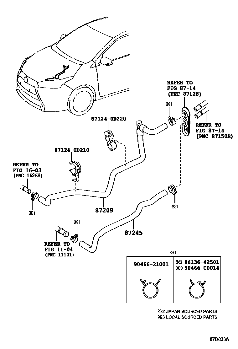 Toyota YARIS 暖风和空调系统 - 水管 EPC diagram — 87D833A