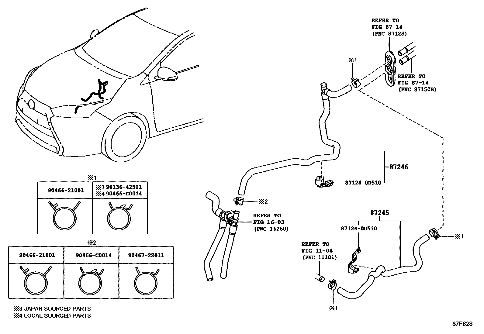 Toyota YARIS 暖风和空调系统 - 水管 EPC diagram — 87F828
