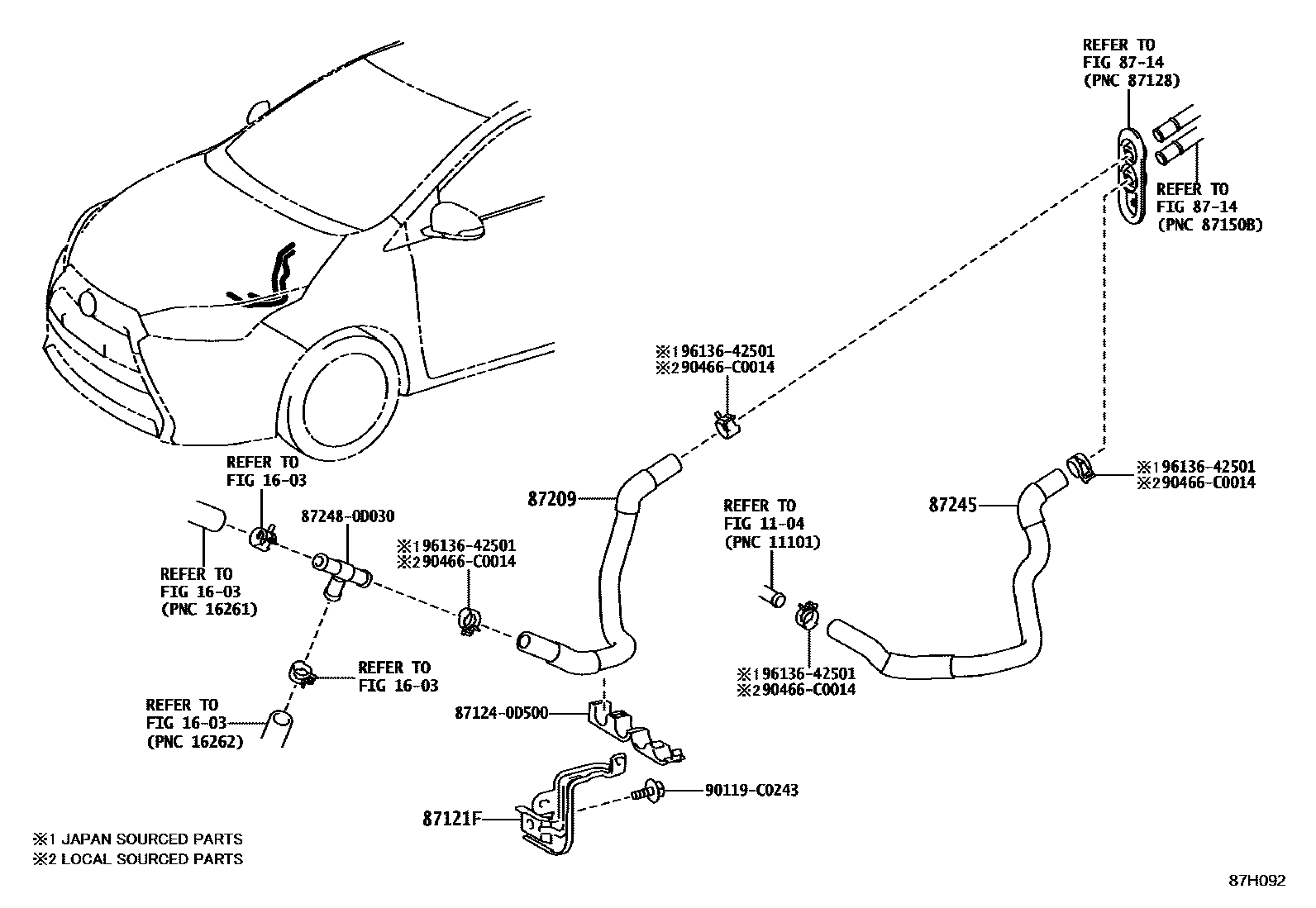 Toyota YARIS 暖风和空调系统 - 水管 EPC diagram — 87H092