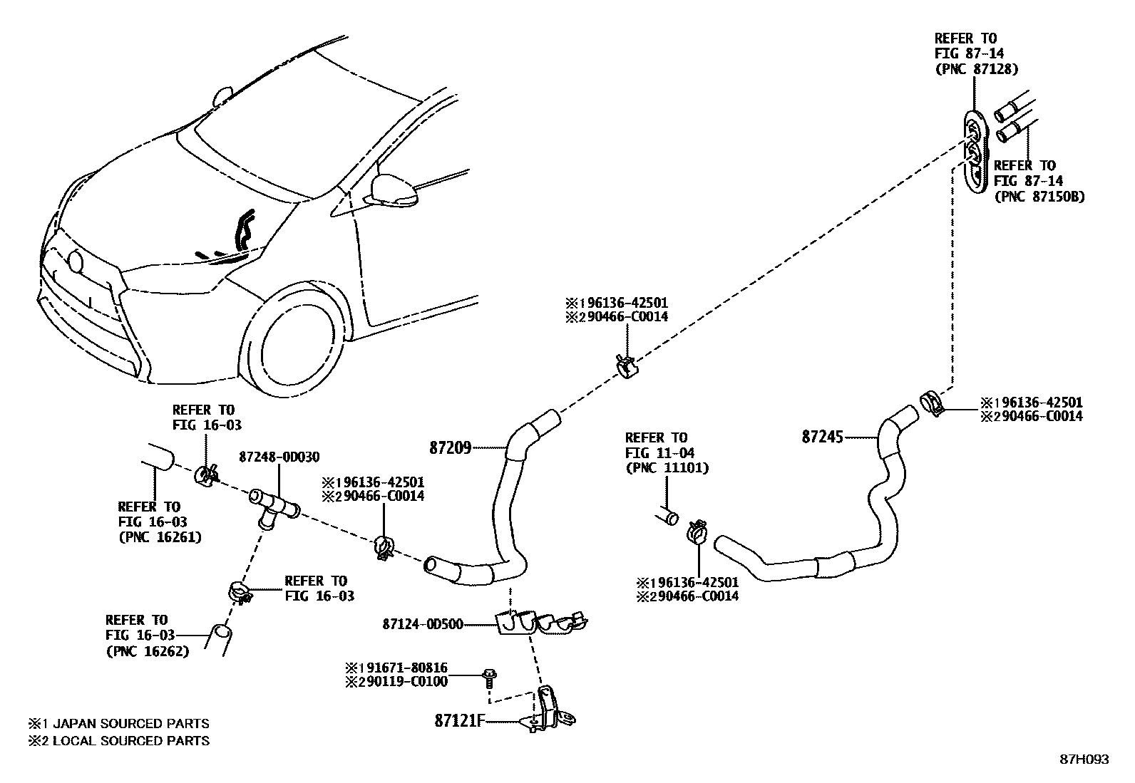 Toyota YARIS 暖风和空调系统 - 水管 EPC diagram — 87H093