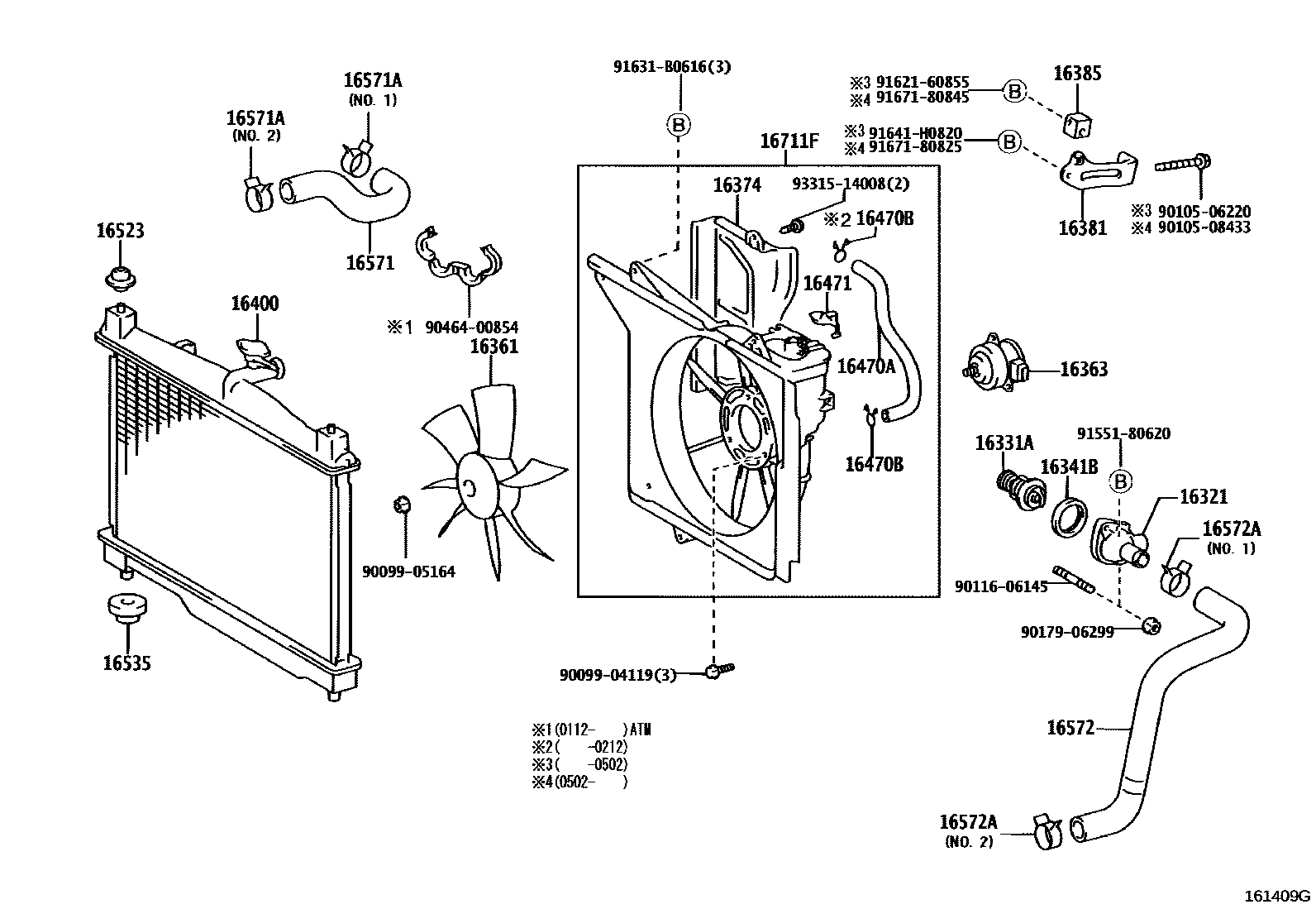 Toyota YARIS RADIATOR & WATER OUTLET EPC diagram — 161409G