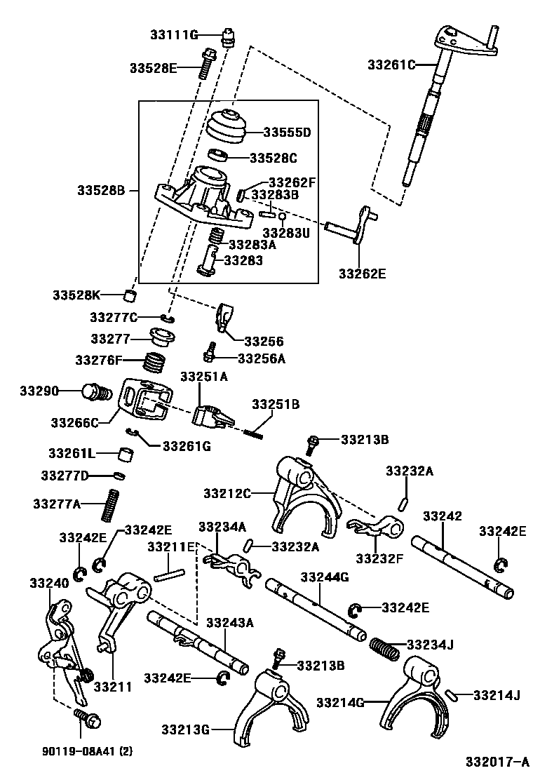 Toyota YARIS 换档拨叉和换档杆轴(MTM) EPC diagram — 332017A