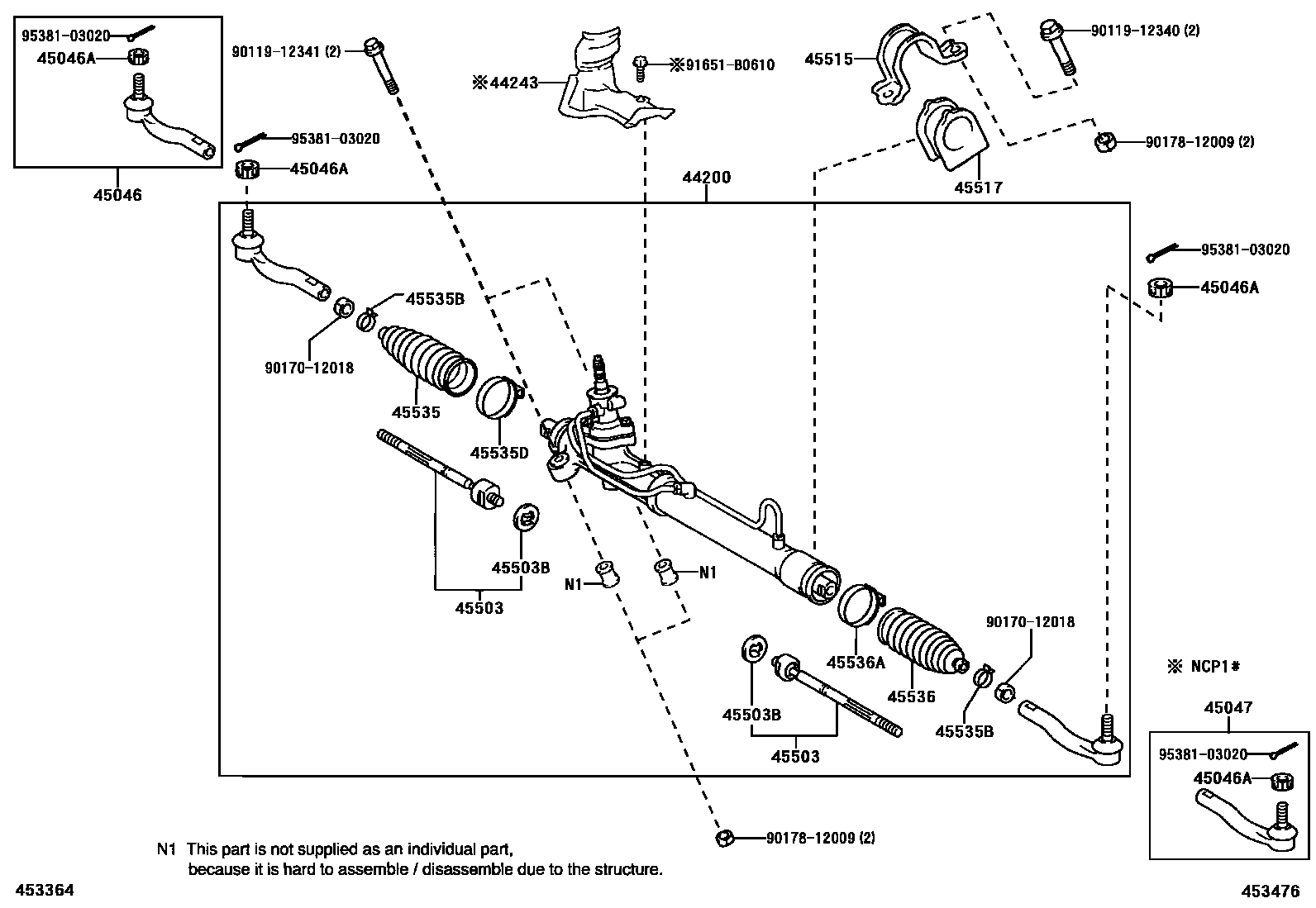 Toyota YARIS 前转向齿轮和连杆 EPC diagram — 453476