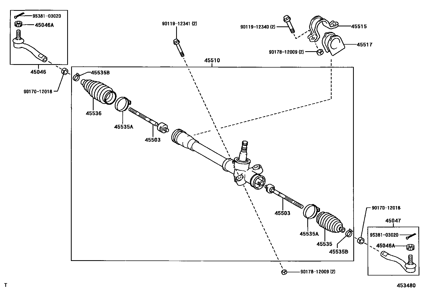 Toyota YARIS 前转向齿轮和连杆 EPC diagram — 453480