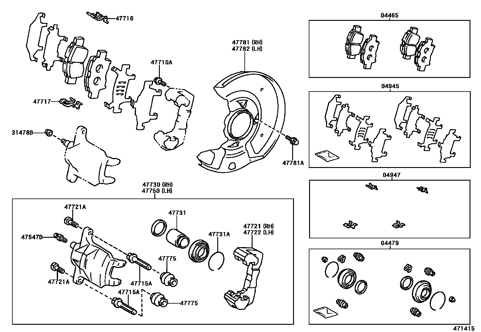 Toyota YARIS 前盘式制动器卡钳和防尘罩 EPC diagram — 471415