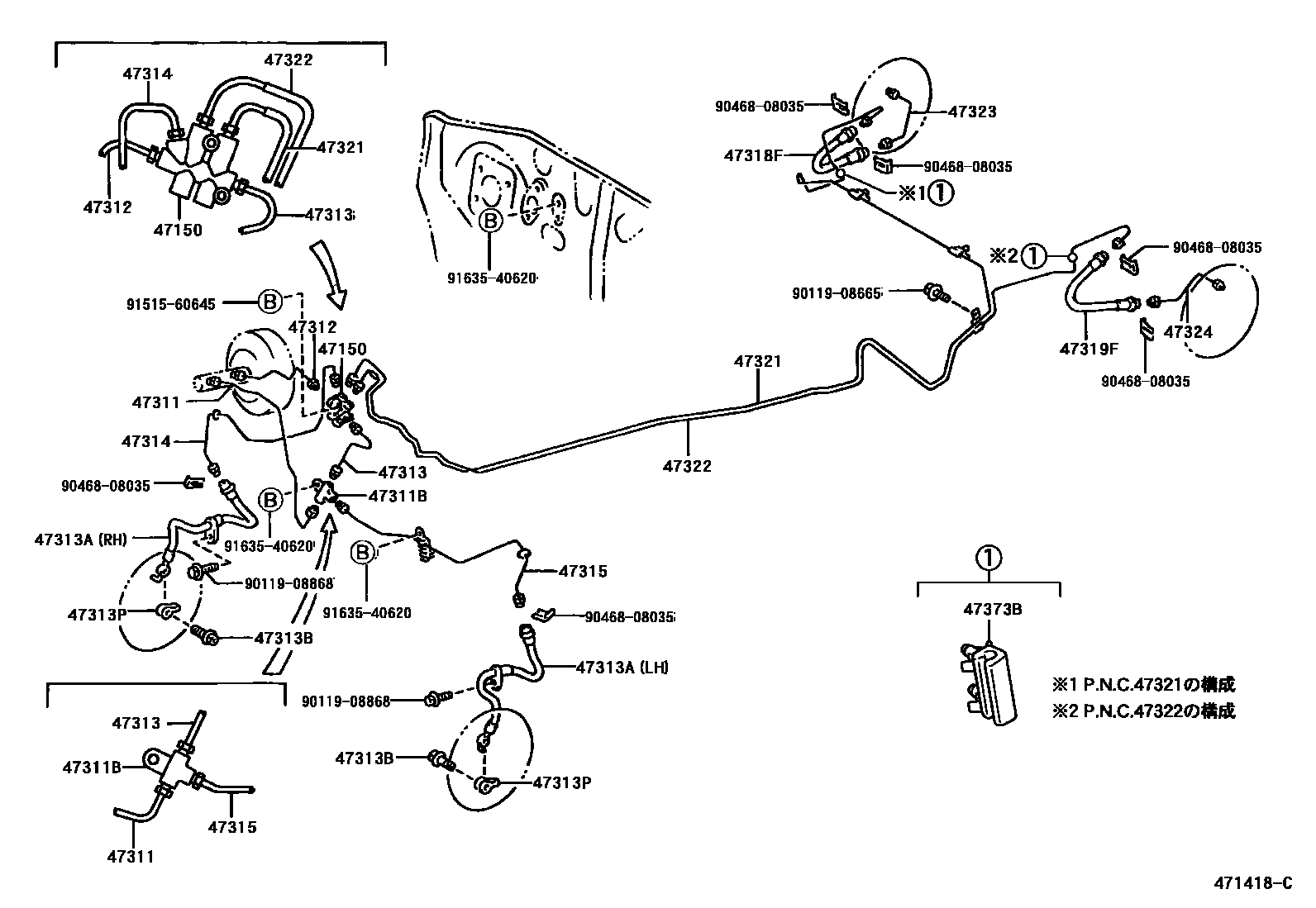 Toyota YARIS 制动配管和卡箍 EPC diagram — 471418C
