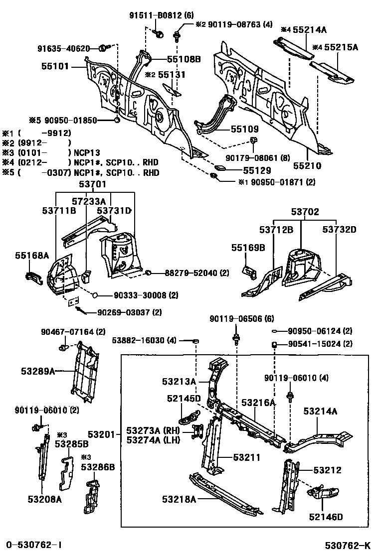 Toyota YARIS 前翼子板挡泥板和前围板 EPC diagram — 530762K