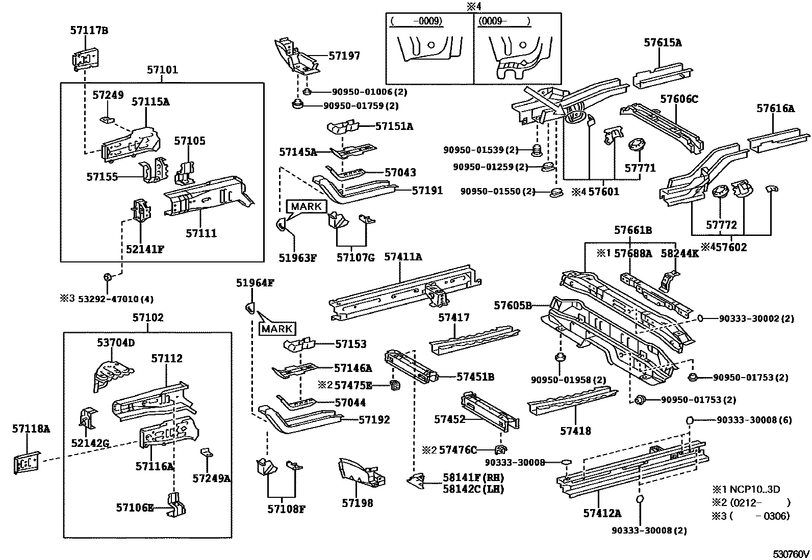 Toyota YARIS Floor stringers EPC diagram — 530760V