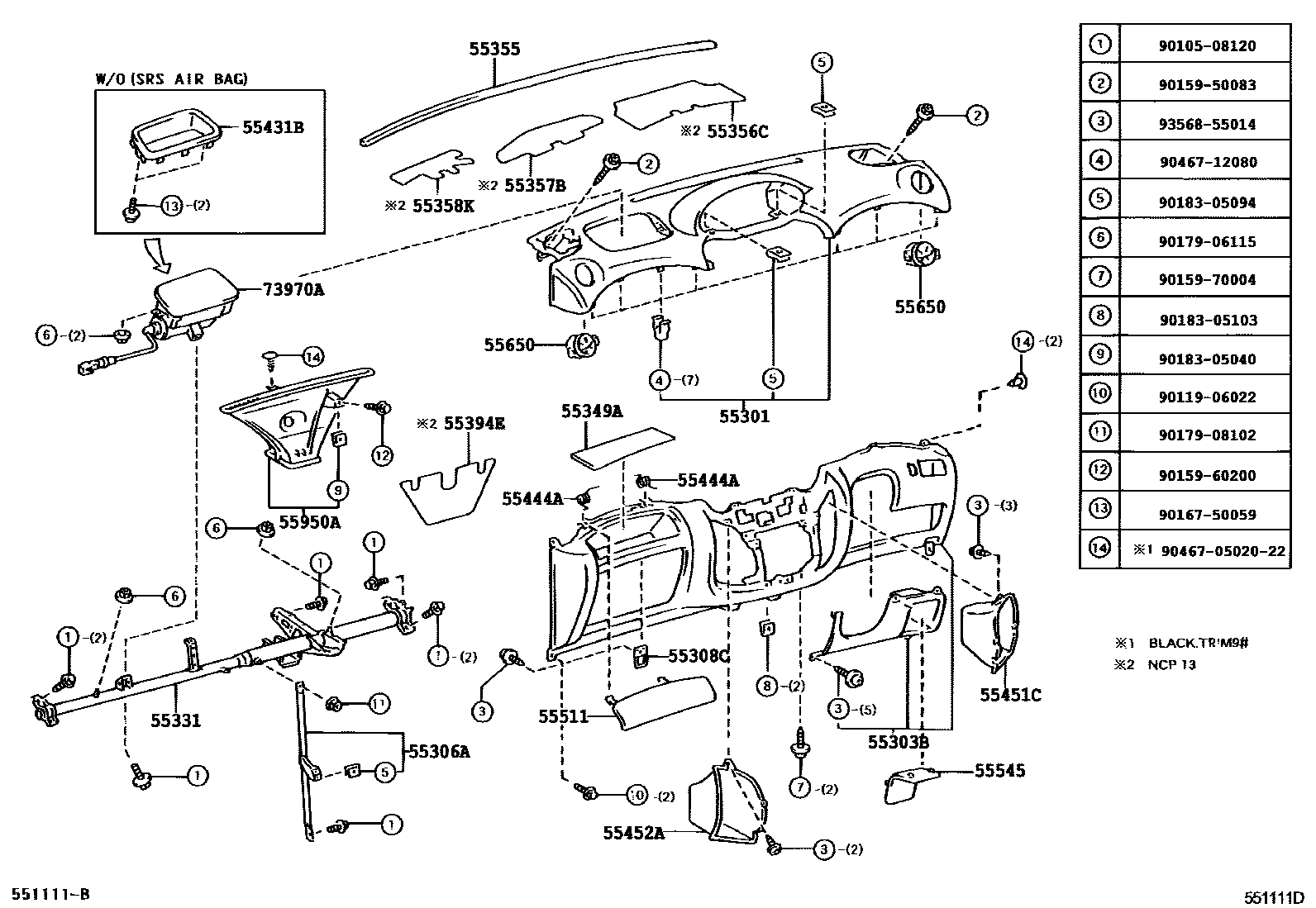 Toyota YARIS 仪表板和手套箱 EPC diagram — 551111D