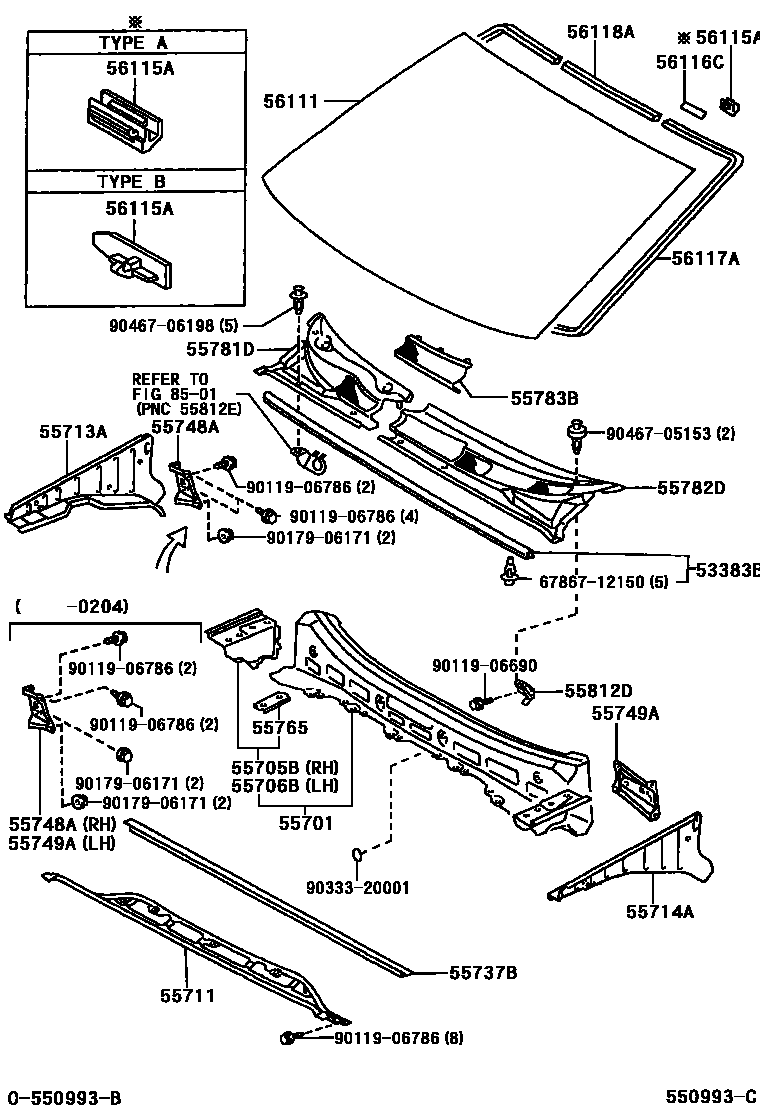 Toyota YARIS 前围板和挡风玻璃 EPC diagram — 550993C