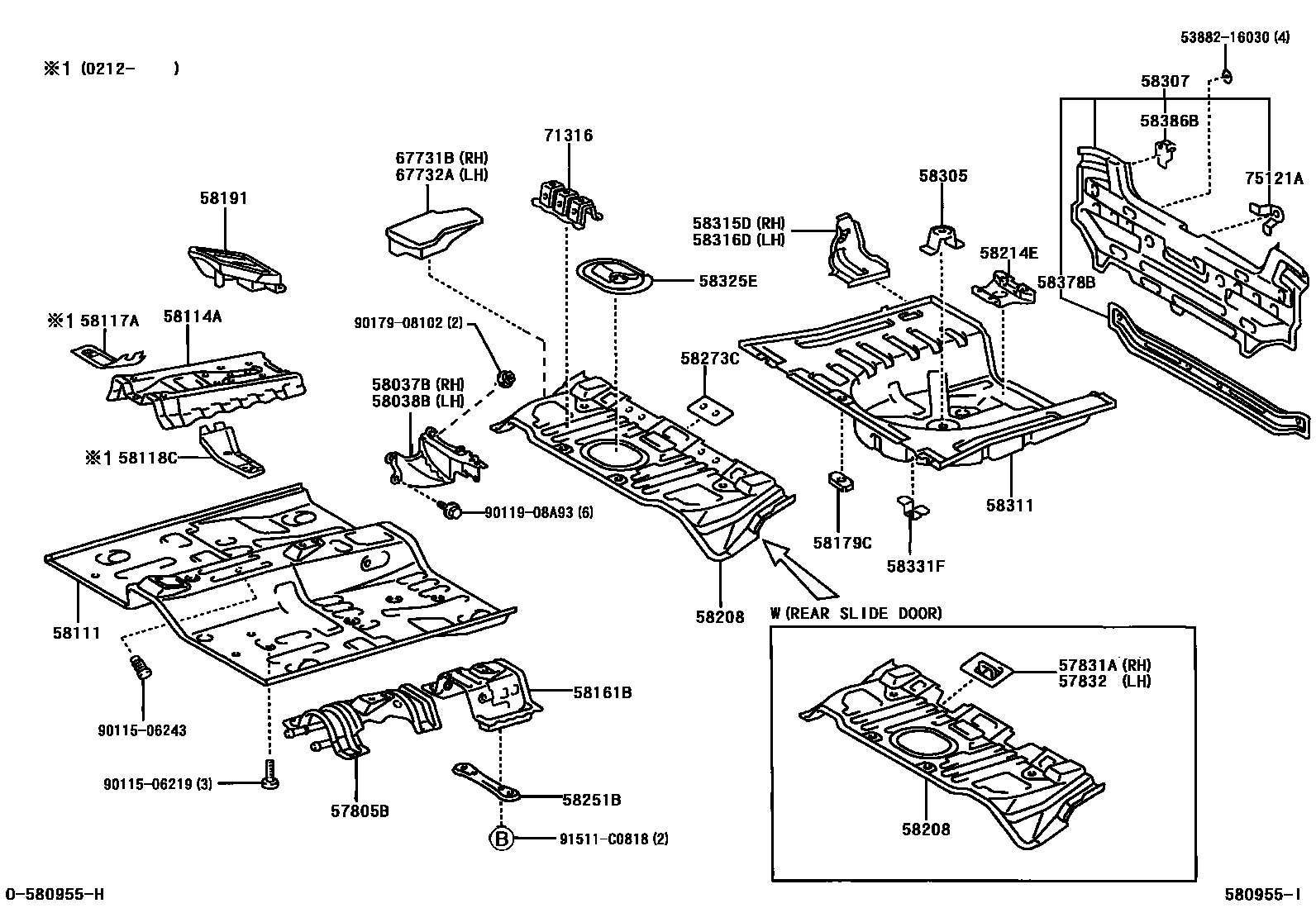 Toyota YARIS 浅盘形地板和车身下背板 EPC diagram — 580955I