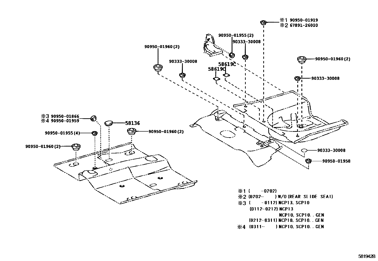 Toyota YARIS 浅盘形地板和车身下背板 EPC diagram — 581942B