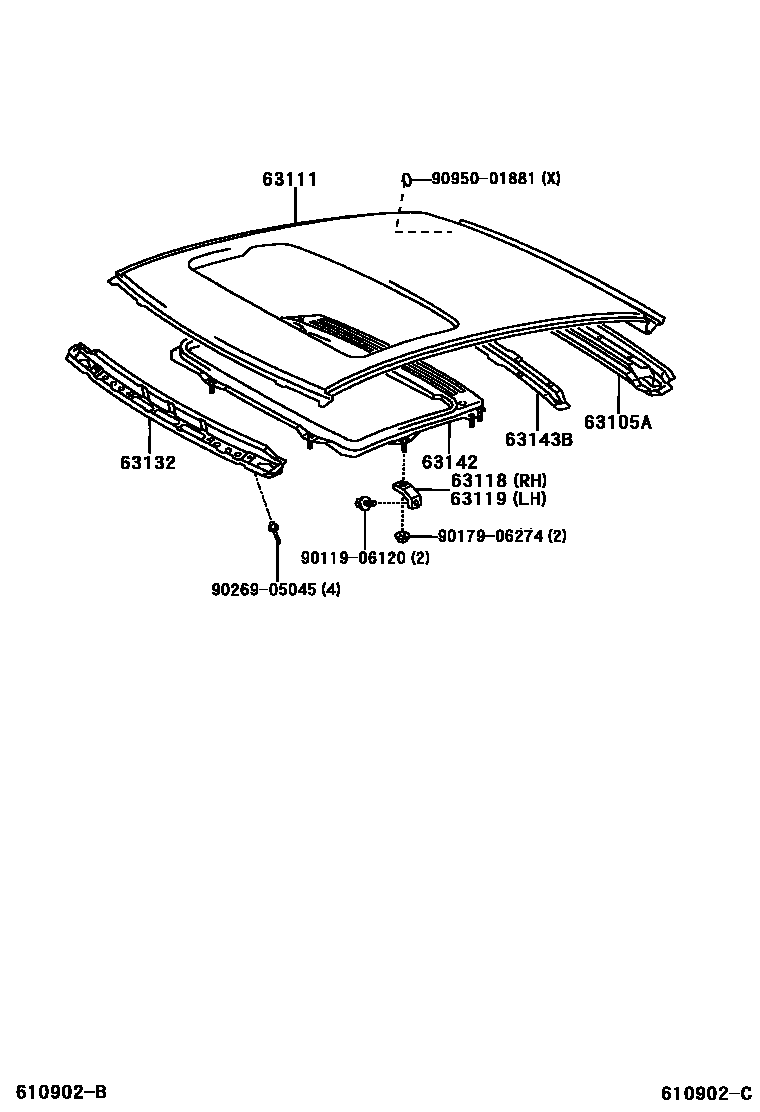 Toyota YARIS 天窗板和背窗玻璃 EPC diagram — 610902C