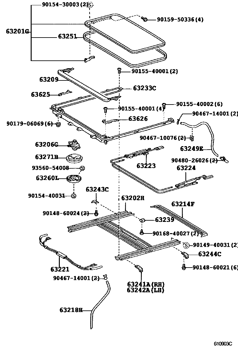 Toyota YARIS 天窗板和背窗玻璃 EPC diagram — 610903C