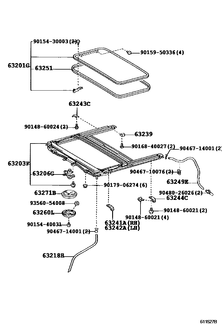 Toyota YARIS 天窗板和背窗玻璃 EPC diagram — 611527B