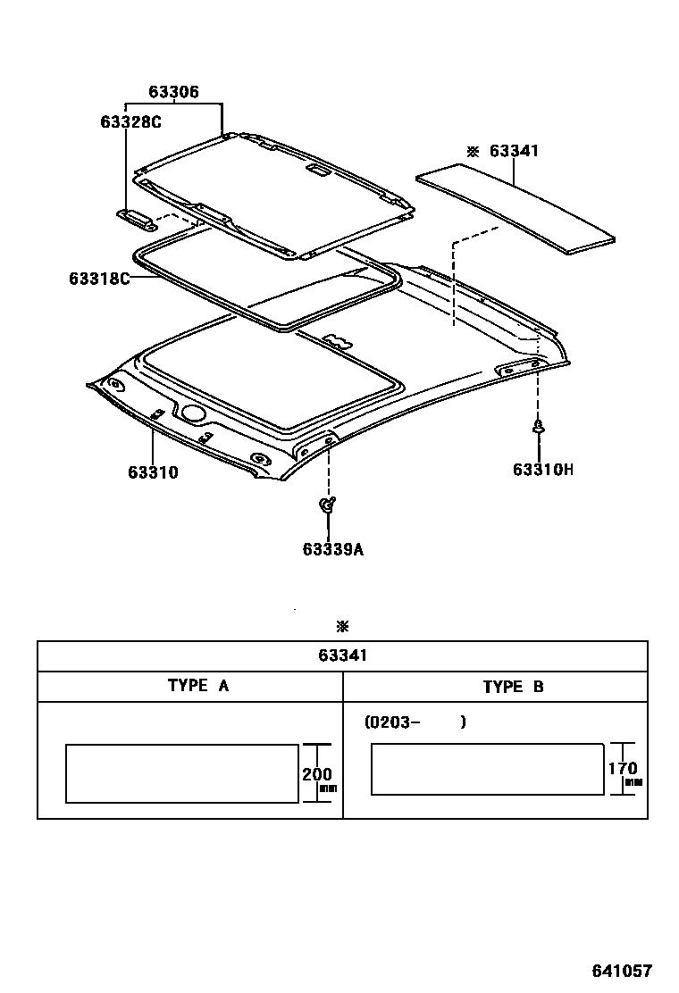 Toyota YARIS 车顶内衬和消声垫 EPC diagram — 641057
