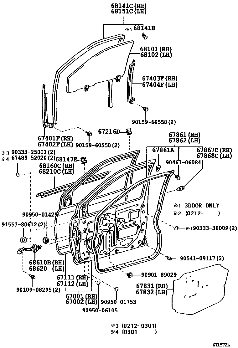 Toyota YARIS 前门板和前门玻璃 EPC diagram — 671572L