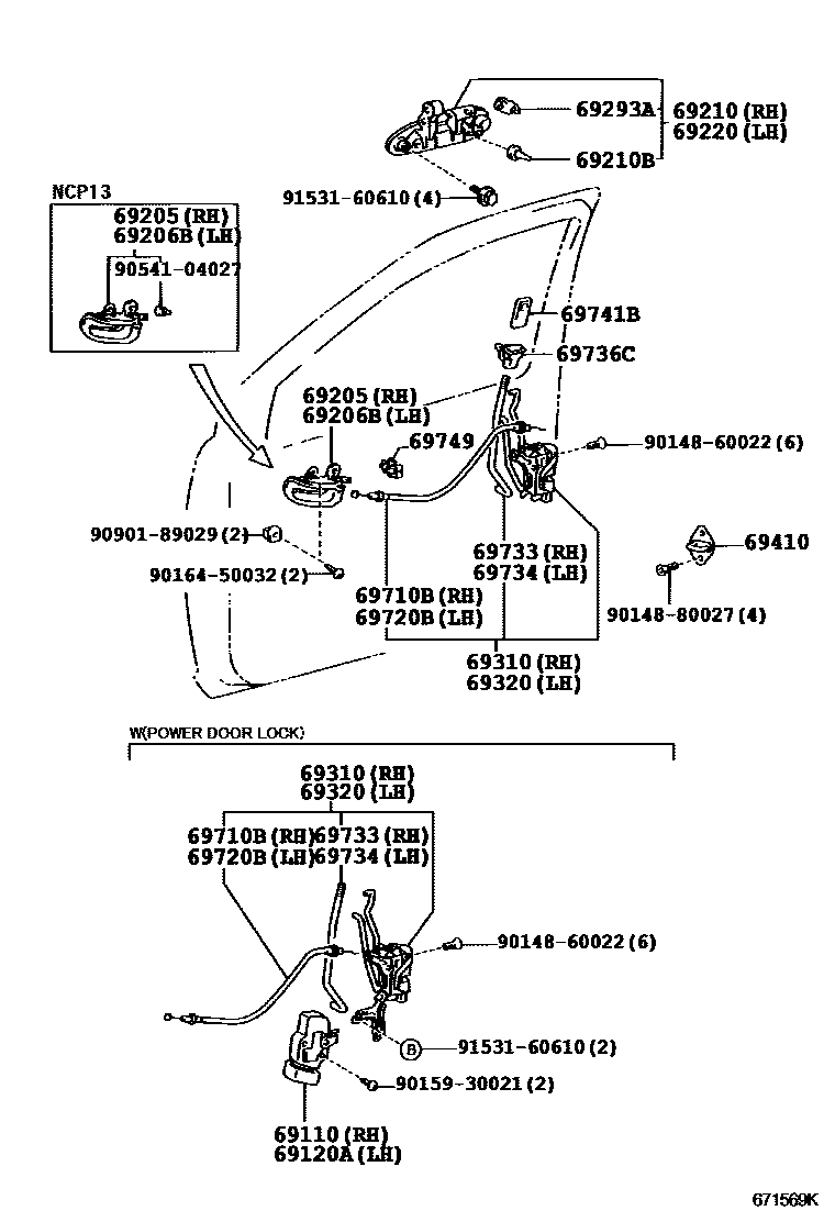 Toyota YARIS 前门锁和车门把手 EPC diagram — 671569K