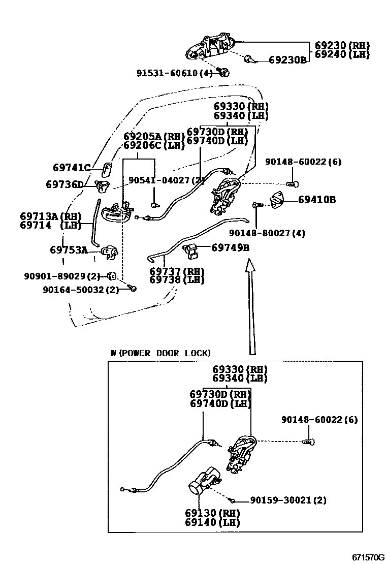 Toyota YARIS 后门锁和后门把手 EPC diagram — 671570G