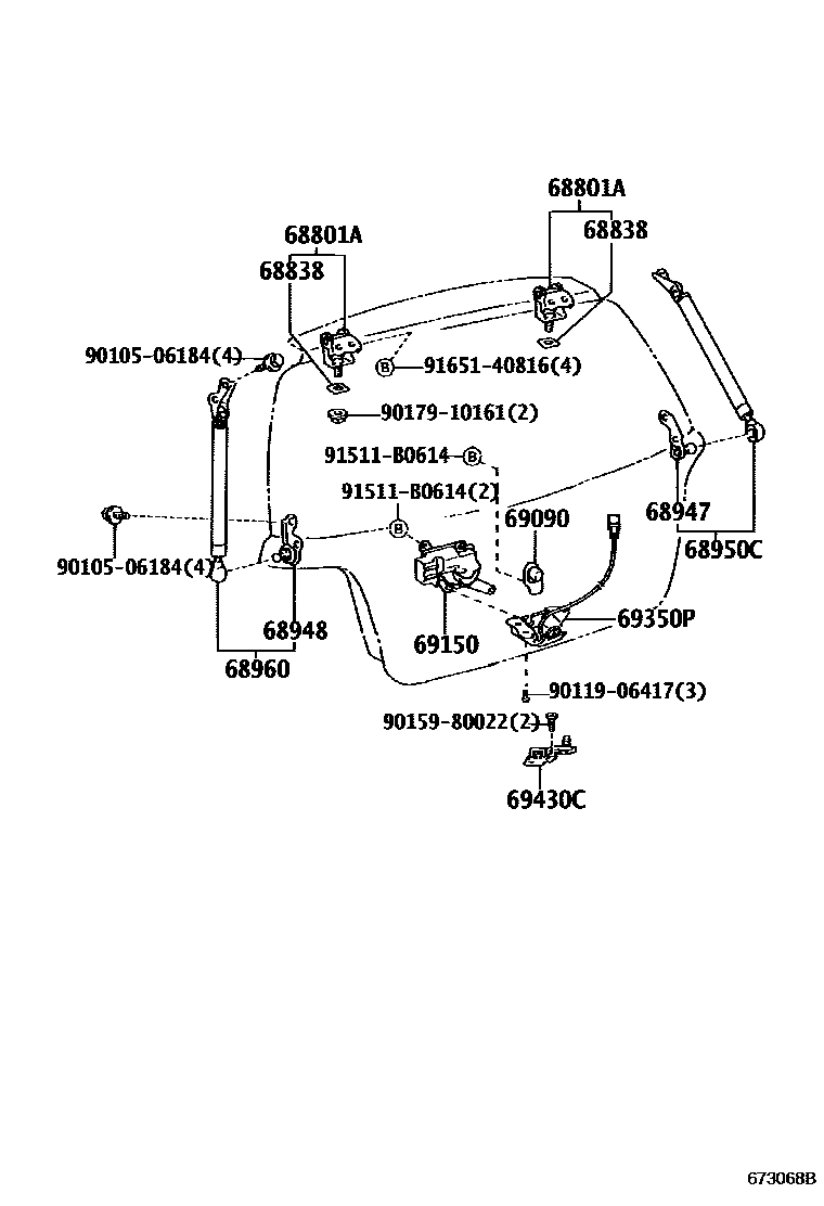Toyota YARIS 背门锁和背门把手 EPC diagram — 673068B