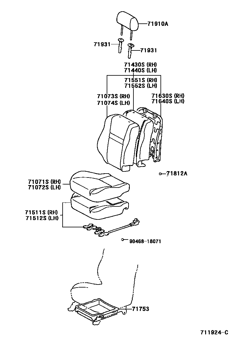 Toyota YARIS 前排座椅和座椅滑轨 EPC diagram — 711924C