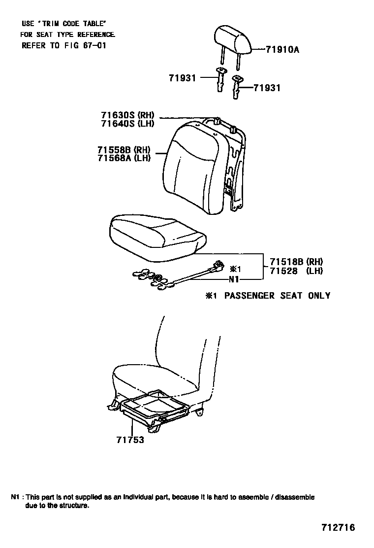 Toyota YARIS 前排座椅和座椅滑轨 EPC diagram — 712716