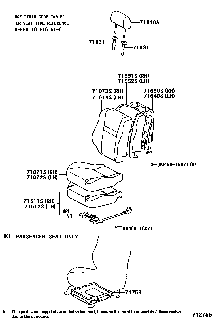 Toyota YARIS 前排座椅和座椅滑轨 EPC diagram — 712755