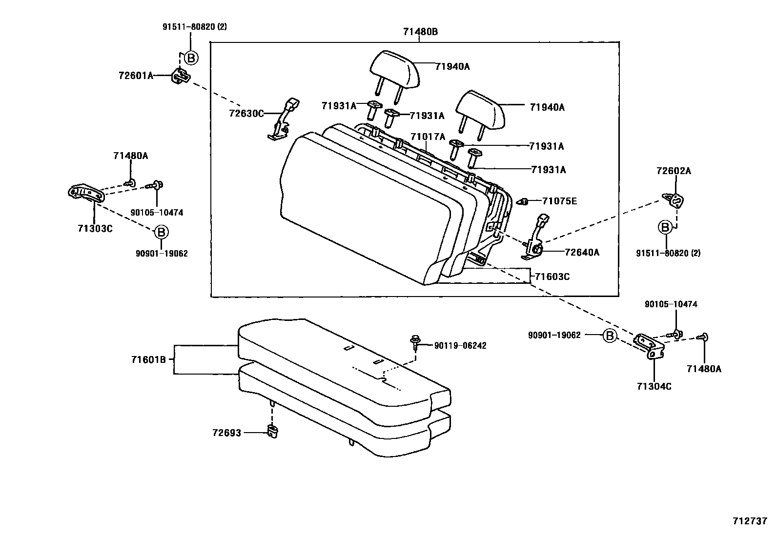 Toyota YARIS 后排座椅和座椅滑轨 EPC diagram — 712737