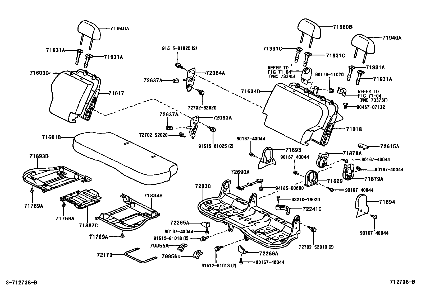 Toyota YARIS 后排座椅和座椅滑轨 EPC diagram — 712738C
