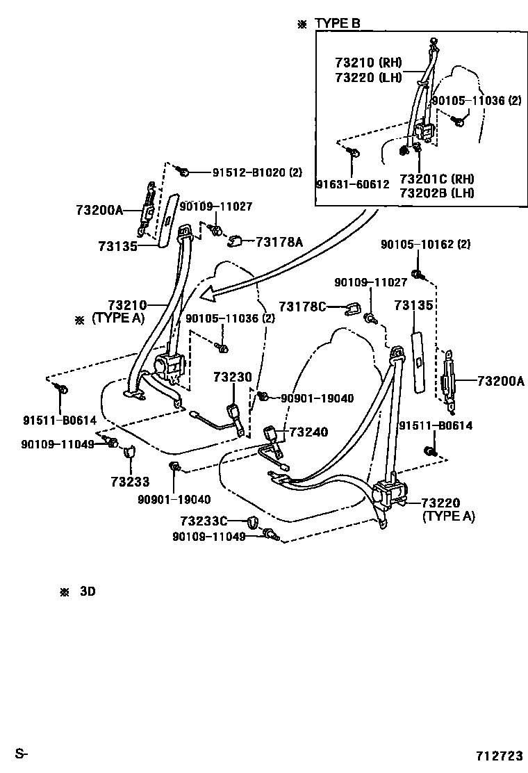 Toyota YARIS 安全带和儿童保护座椅 EPC diagram — 712723