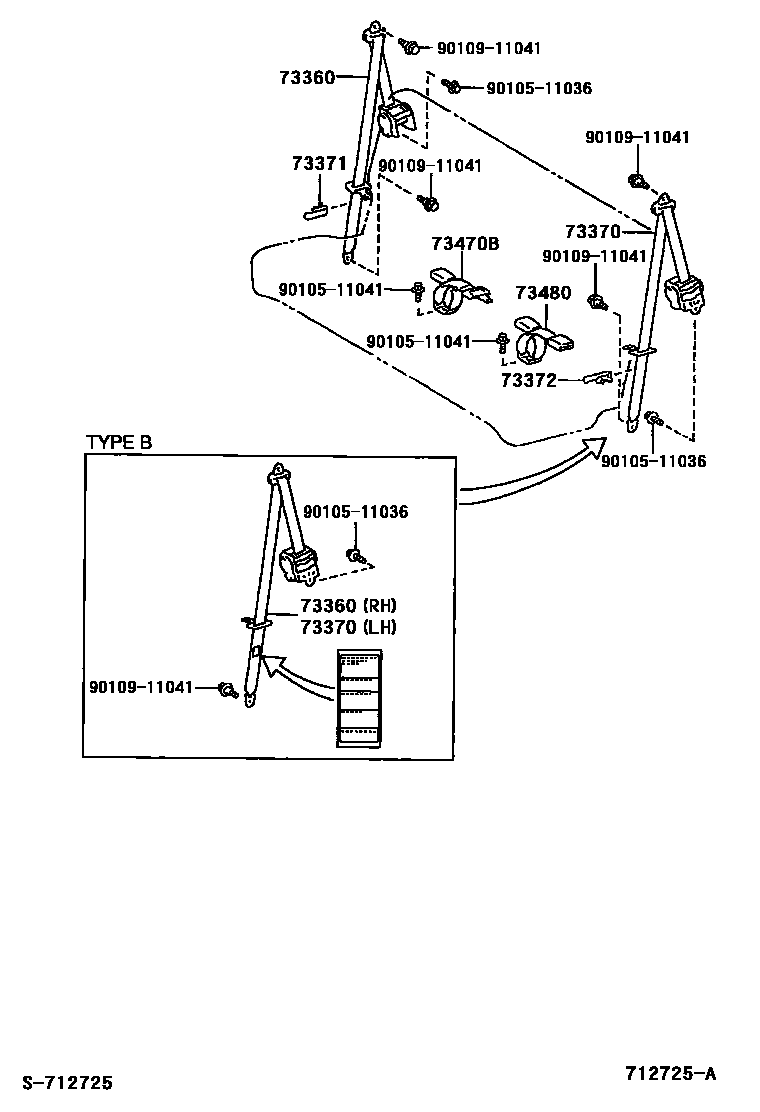 Toyota YARIS 安全带和儿童保护座椅 EPC diagram — 712725A