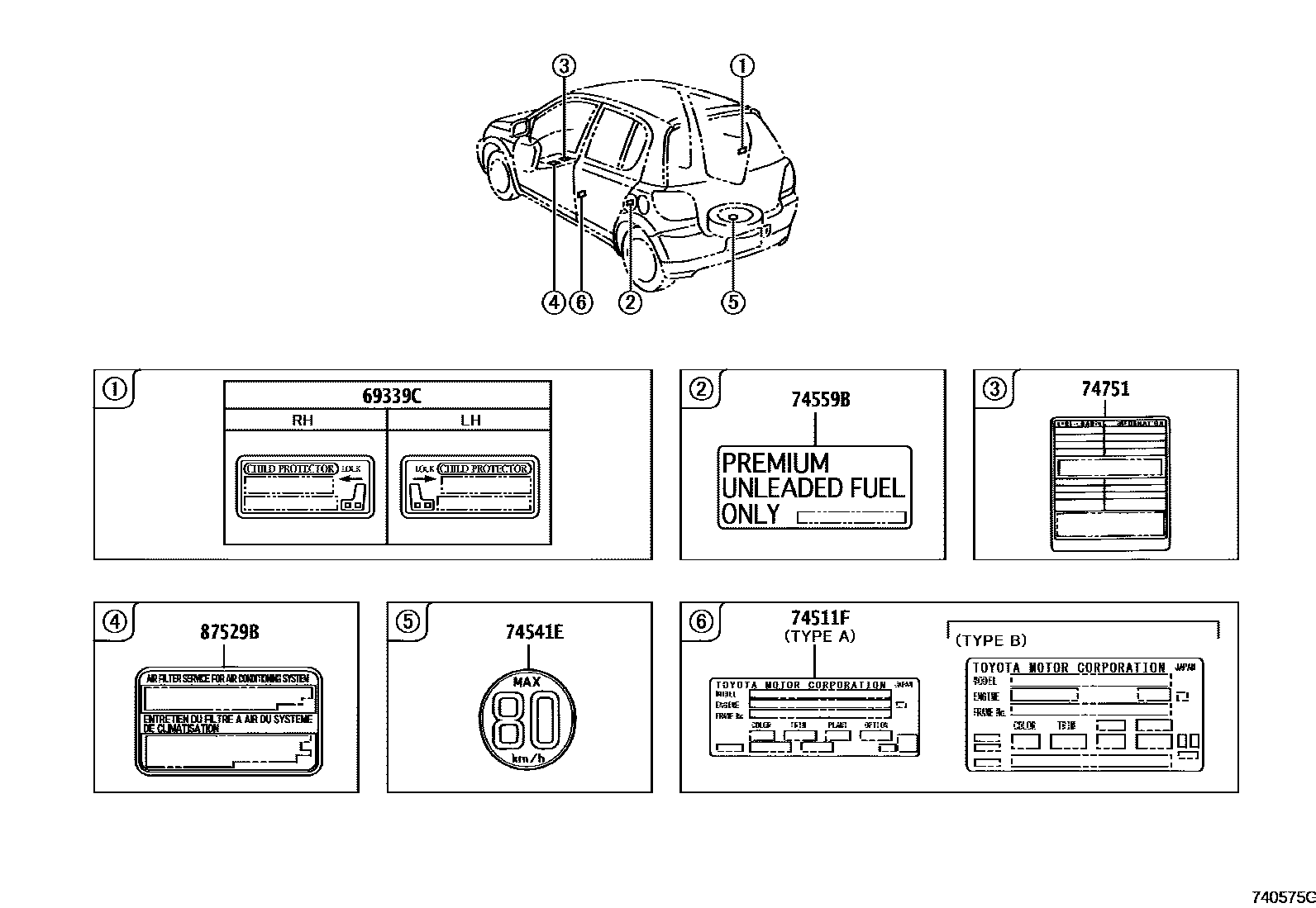 Toyota YARIS 警示铭牌(车外和车内) EPC diagram — 740575G