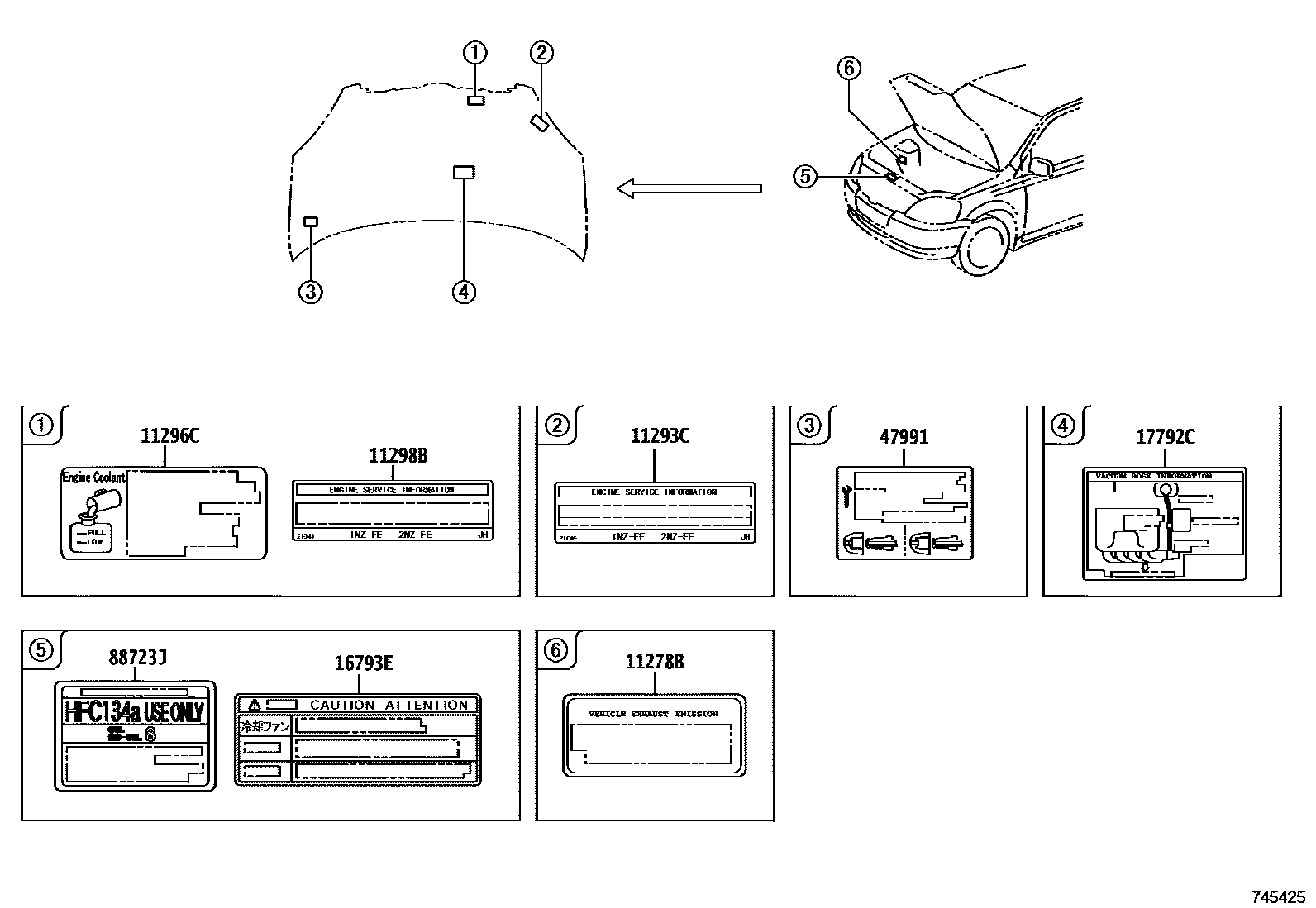 Toyota YARIS 警示铭牌(车外和车内) EPC diagram — 745425