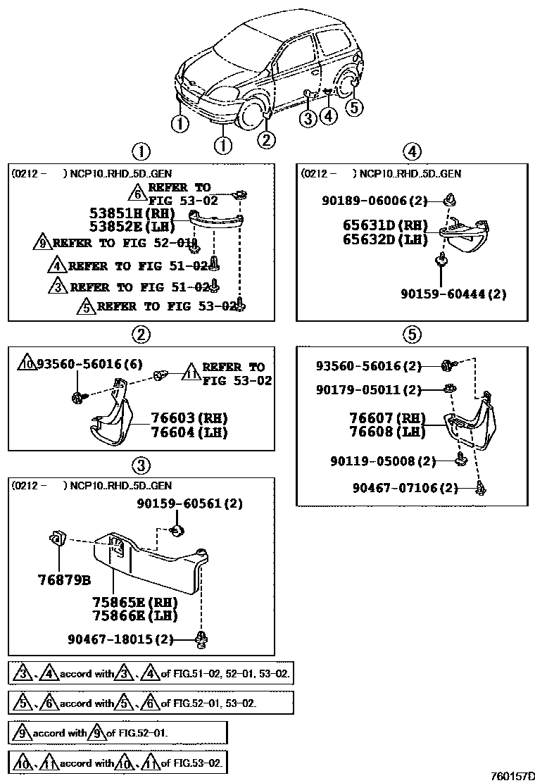 Toyota YARIS 挡泥板和扰流板 EPC diagram — 760157D