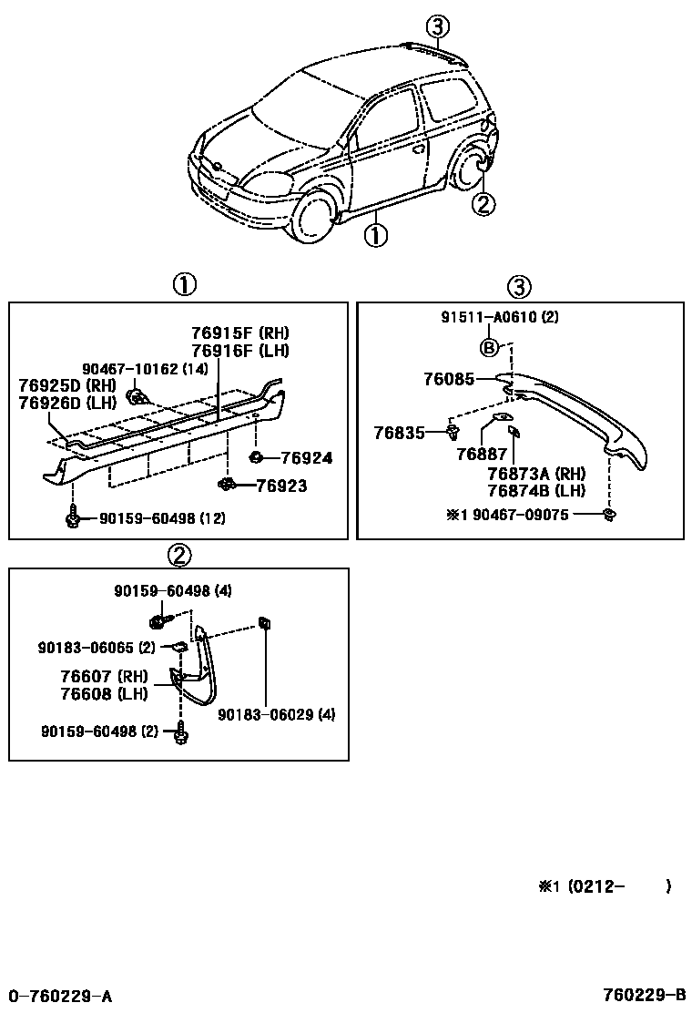 Toyota YARIS 挡泥板和扰流板 EPC diagram — 760229B