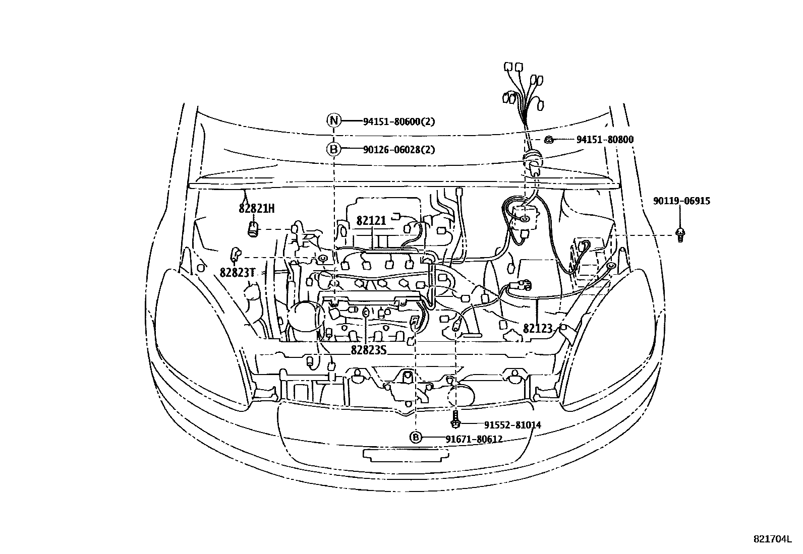 Toyota YARIS 线束和卡夹 EPC diagram — 821704L