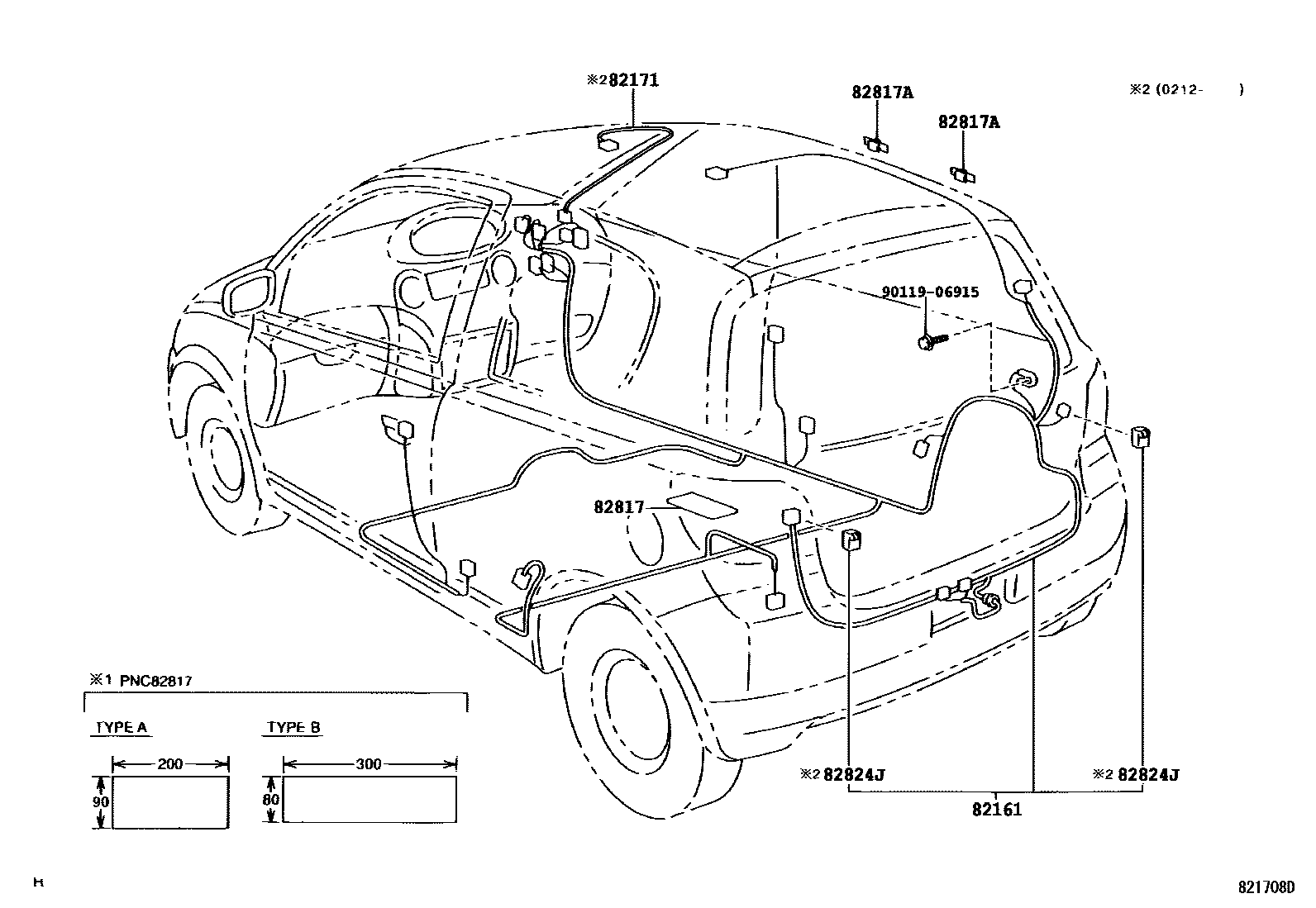 Toyota YARIS 线束和卡夹 EPC diagram — 821708D