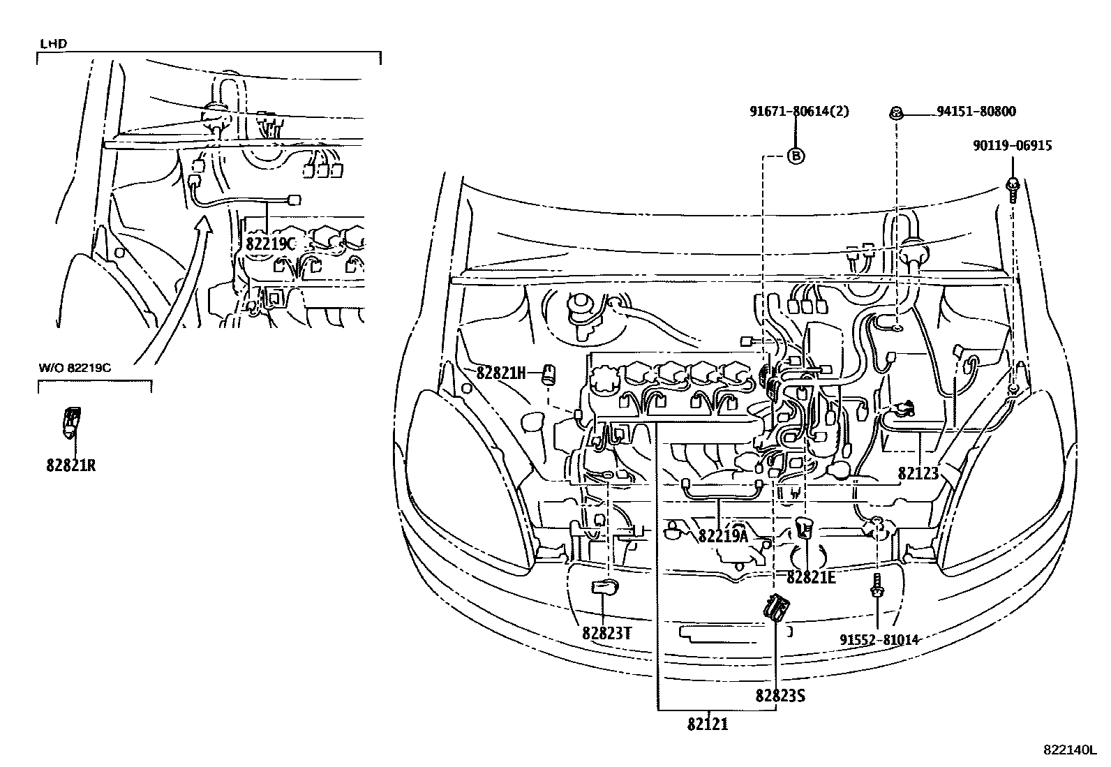 Toyota YARIS 线束和卡夹 EPC diagram — 822140L