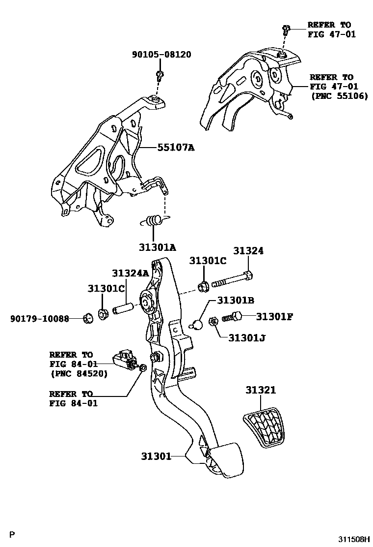 Toyota YARIS 离合器踏板和挠性软管 EPC diagram — 311508H