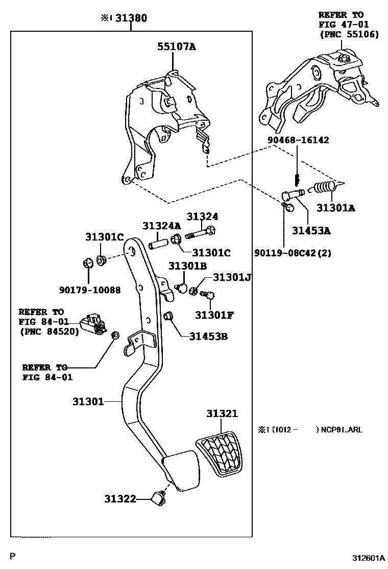 Toyota YARIS 离合器踏板和挠性软管 EPC diagram — 312601A