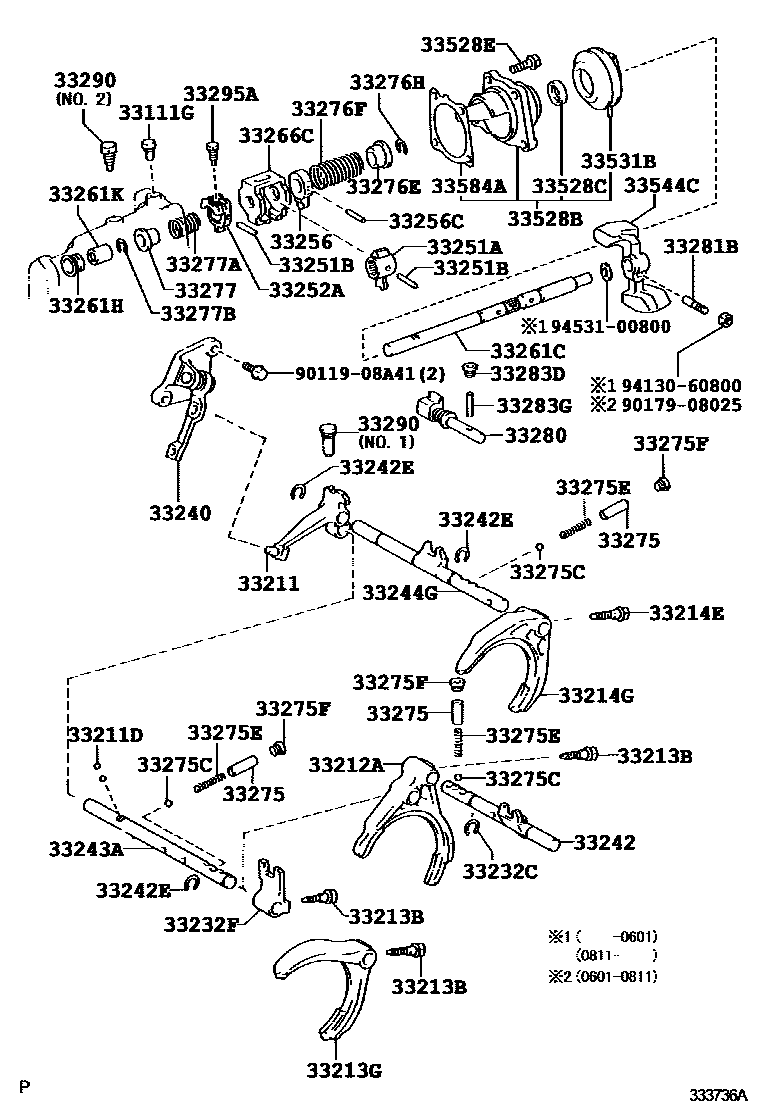 Toyota YARIS 换档拨叉和换档杆轴(MTM) EPC diagram — 333736A