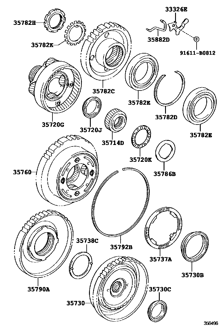 Toyota YARIS 行星齿轮、倒档活塞和中间轴齿轮(ATM) EPC diagram — 356496