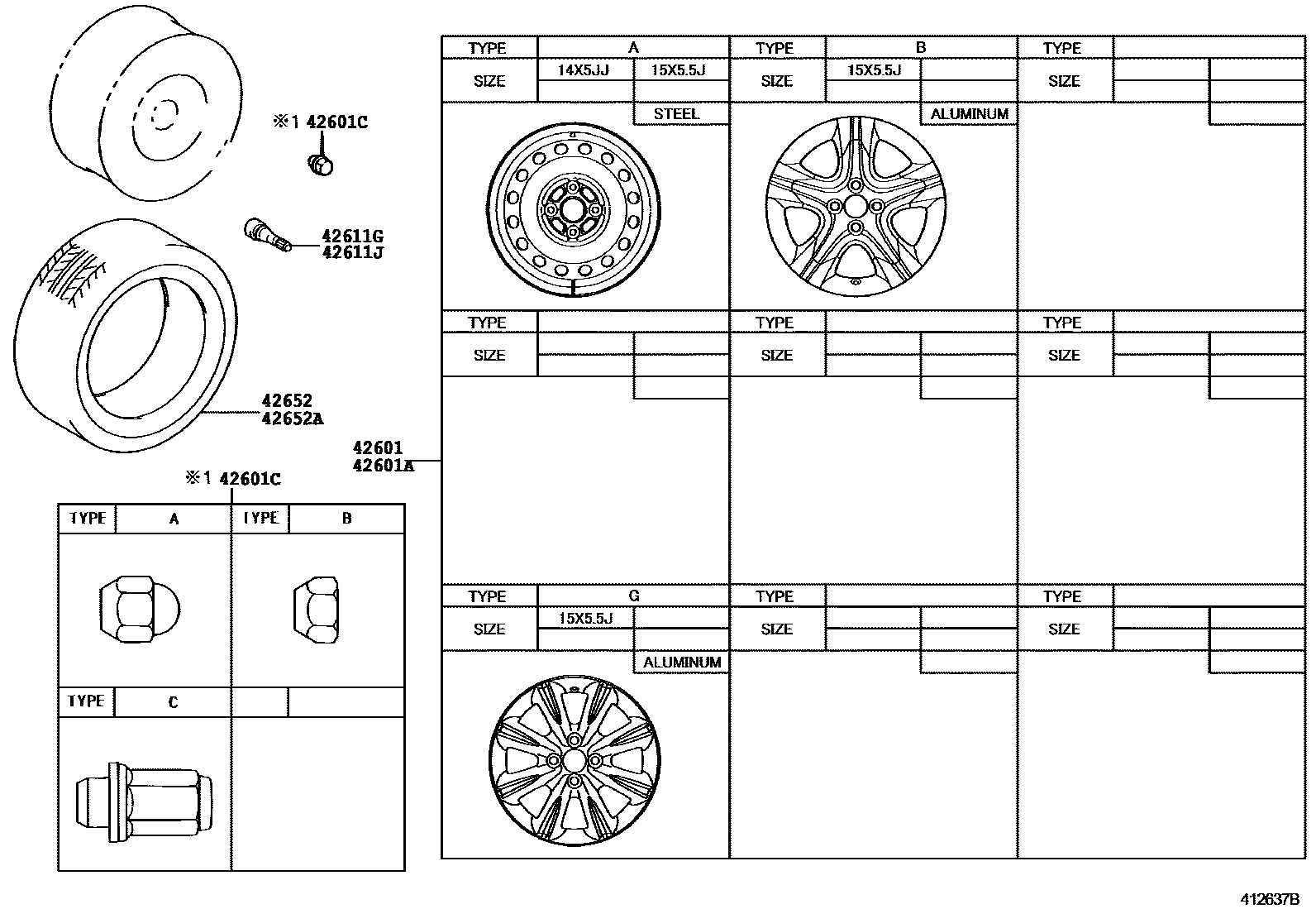 Toyota YARIS 车轮和车轮盖 EPC diagram — 412637B