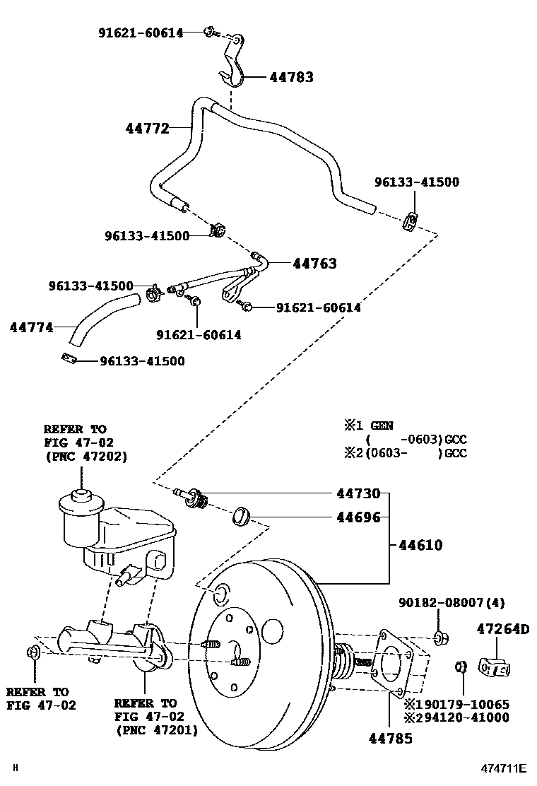 Toyota YARIS 制动助力器和真空管 EPC diagram — 474711E