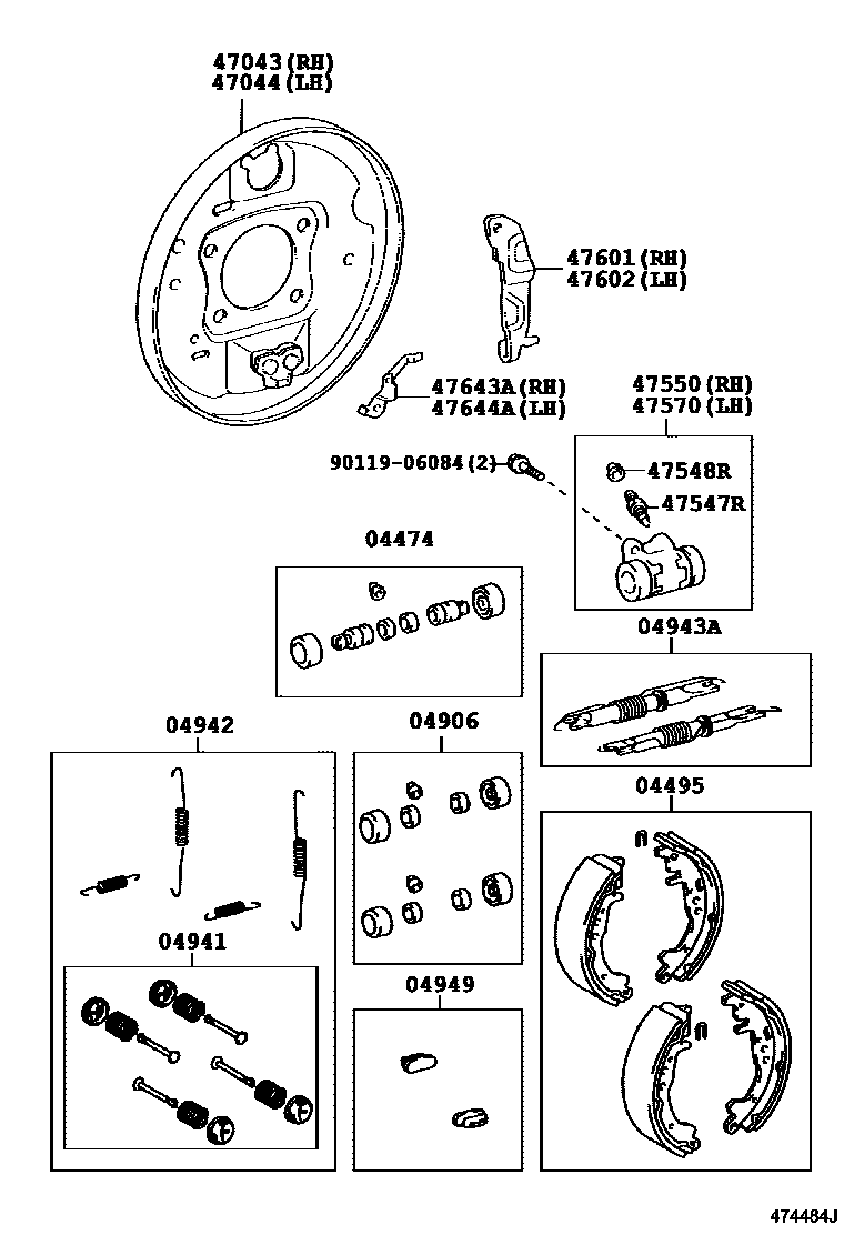 Toyota YARIS 后鼓式制动器分泵和底板 EPC diagram — 474484J