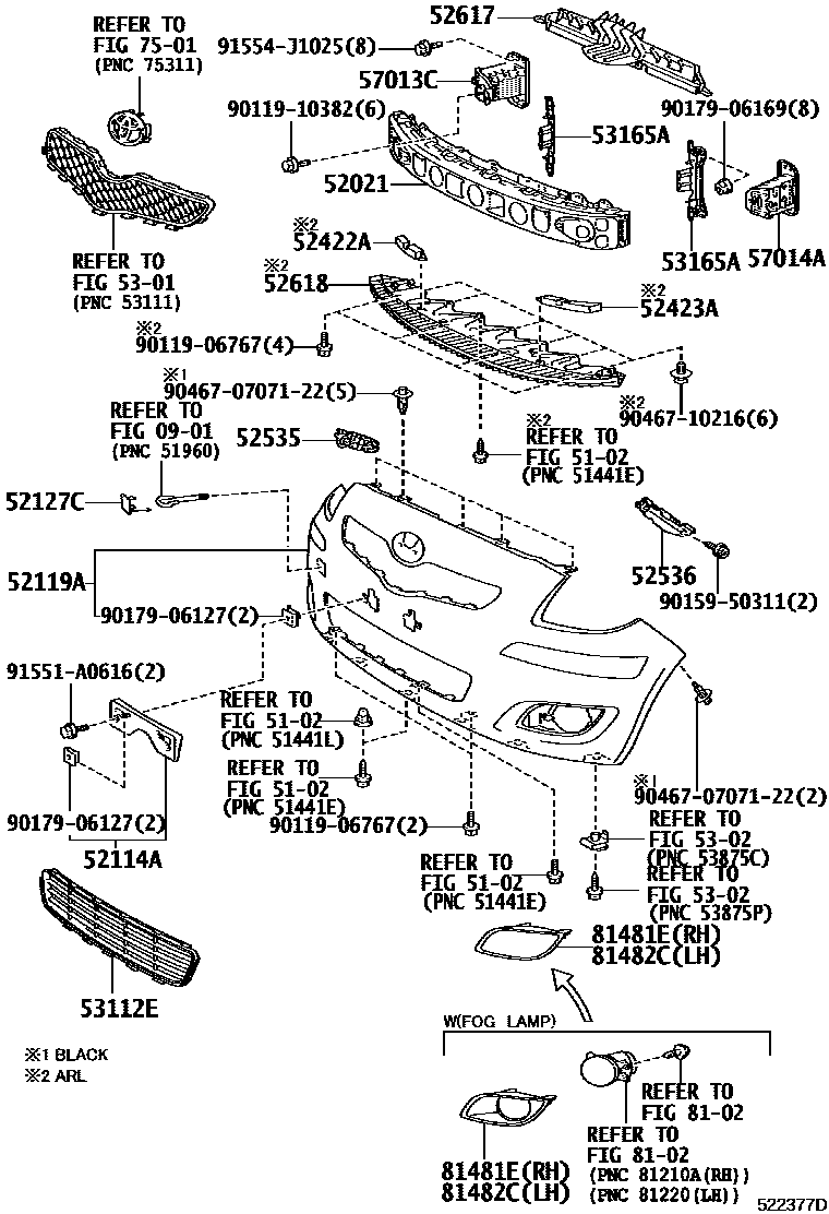 Toyota YARIS 前保险杠及附件 EPC diagram — 522377D