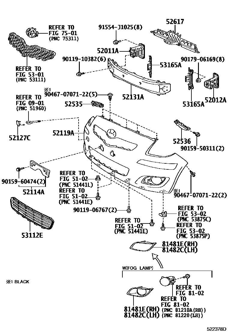 Toyota YARIS 前保险杠及附件 EPC diagram — 522378D
