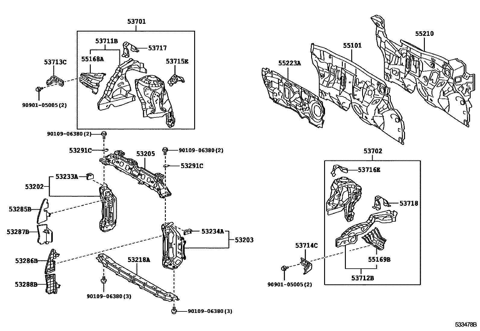 Toyota YARIS 前翼子板挡泥板和前围板 EPC diagram — 533478B