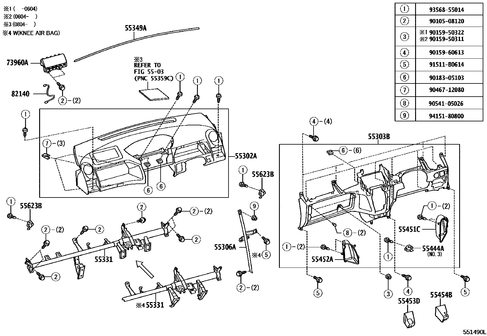 Toyota YARIS 仪表板和手套箱 EPC diagram — 551490L