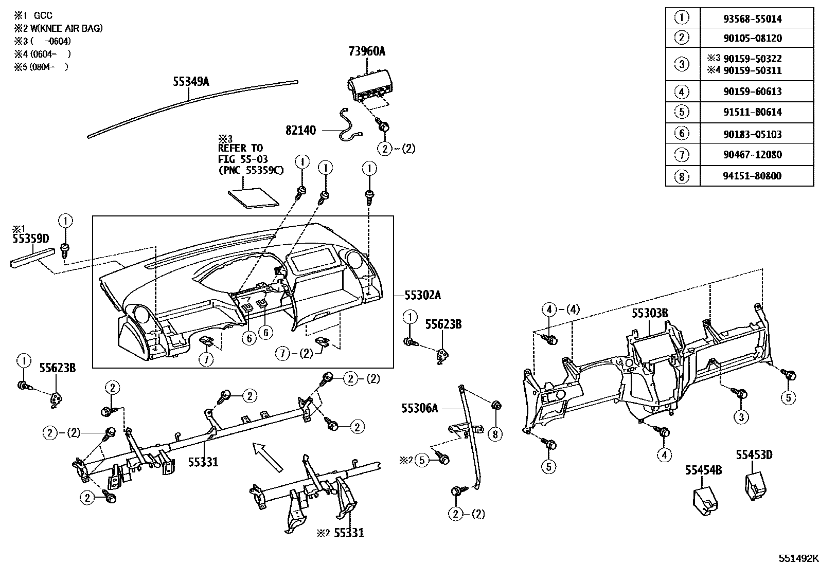 Toyota YARIS 仪表板和手套箱 EPC diagram — 551492K